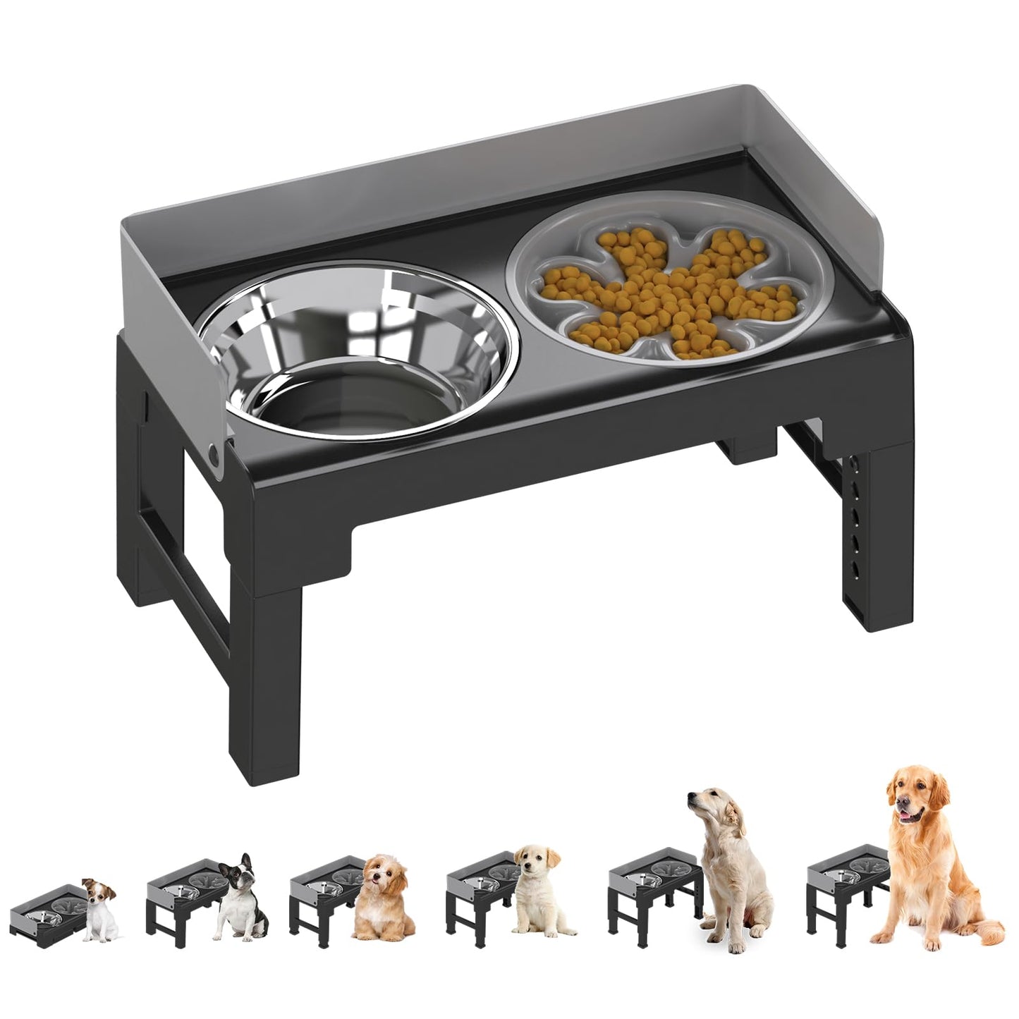 PAKEWAY Elevated Dog Bowls Spill Proof Tiltable Dog Feeder with 1 Stainless Steel Bowls &1 Slow Feeder Dog Bowls 6 Height Adjustable Raised Dog Bowls Stand for Medium Large Dogs